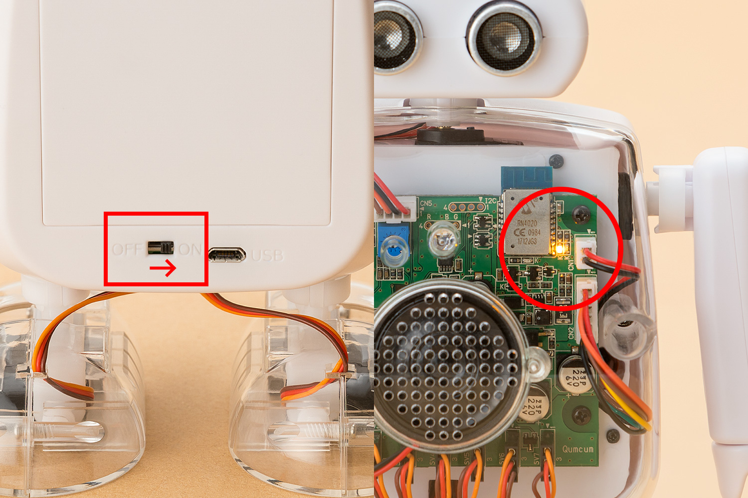 スイッチを入れて胸のLEDが光れば配線と動作はOKです。USBポートにはなにも接続しません。